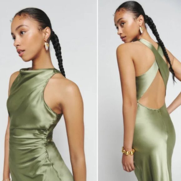 NWT Reformation Casette Silk Sleeveless Maxi Dress Sz 2 Artichoke Cut-out Back - Picture 2 of 8